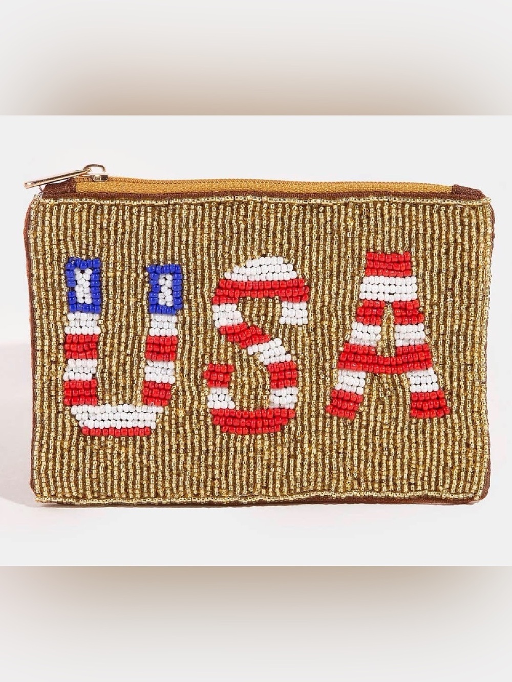 Gold Beaded 'USA' Zip Pouch Wallet
